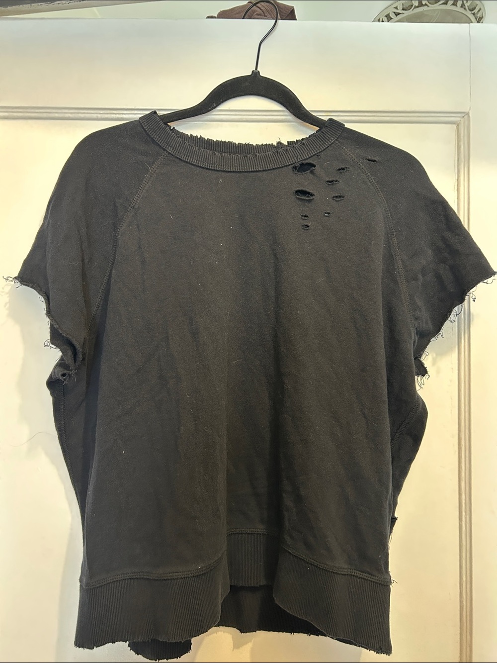 Free People Black Distressed Short Sleeve Sweatshirt